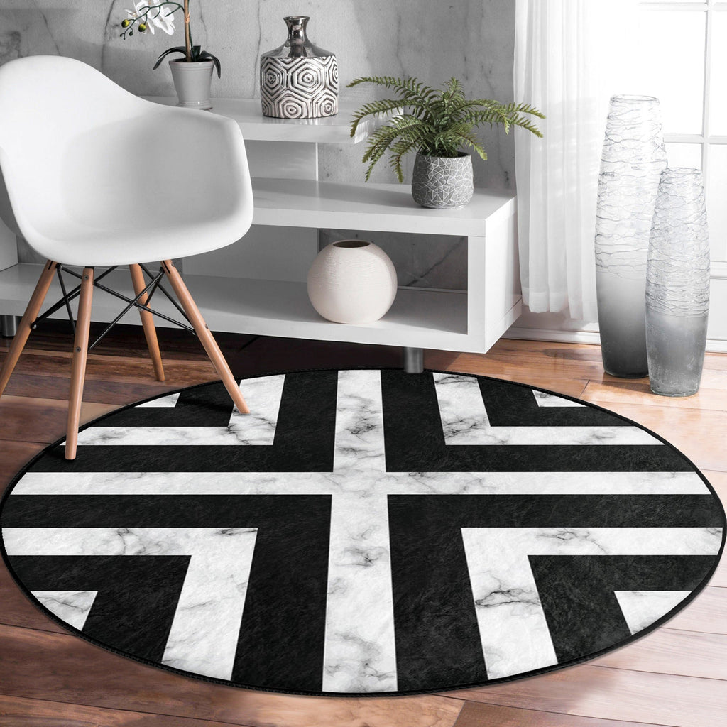 Modern Round Rug, Black and White Decorative Living Room Area Rug, Non