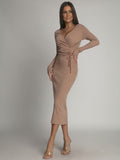Fitted midi dress with ruffles cappuccino FG672