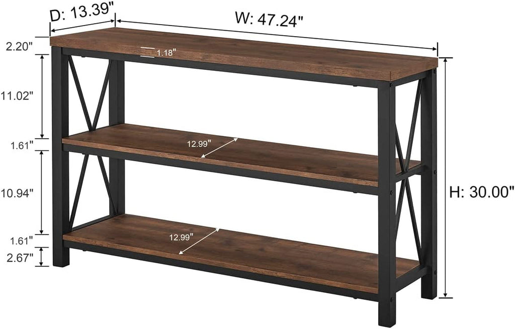 47 Inch Rustic Industrial Sofa Table With 3 Tier Shelves