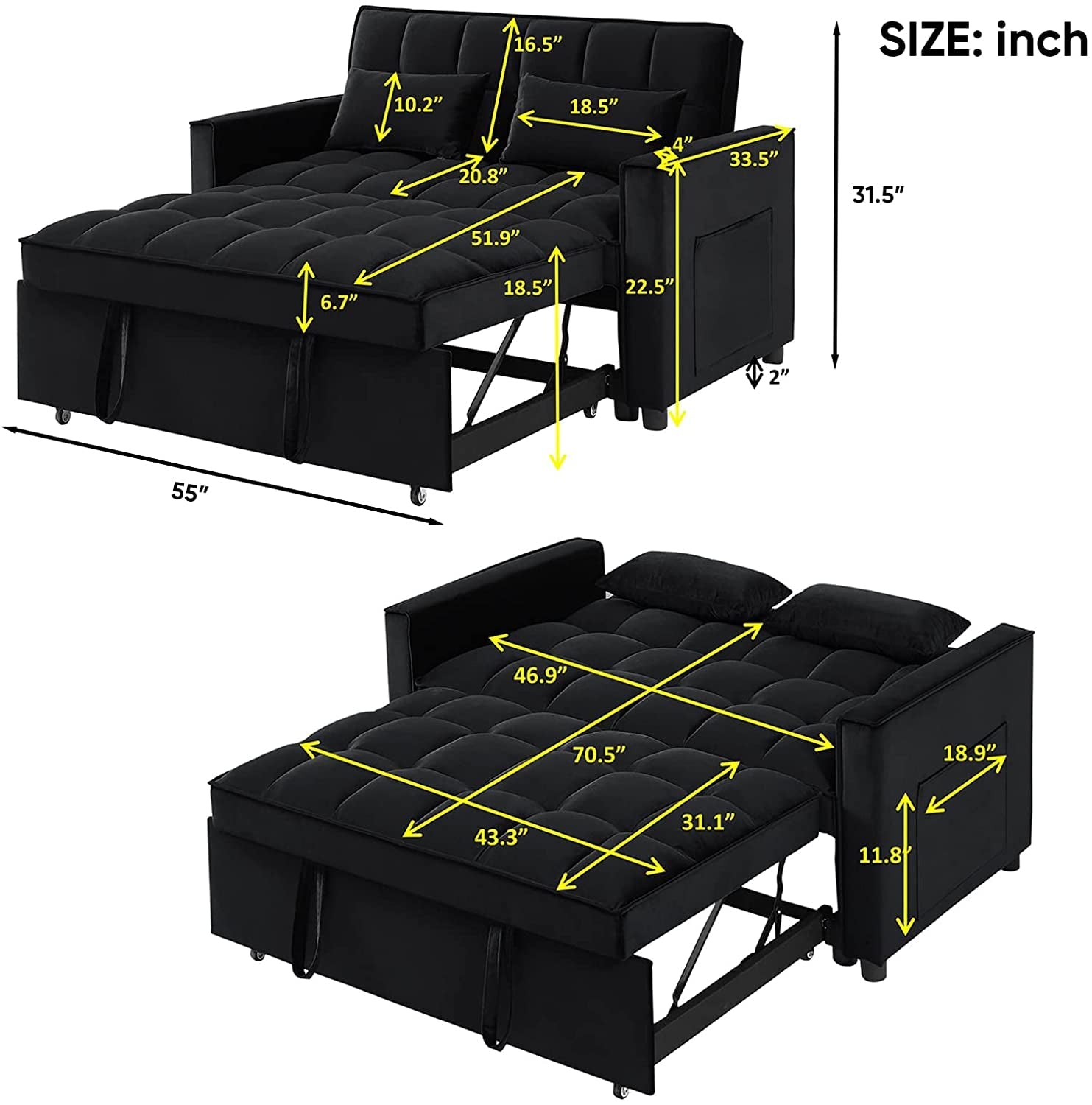Black Convertible Sofa Bed With Reclining Backrest