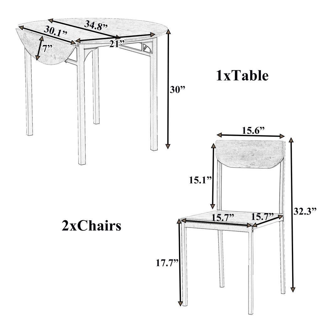 Modern 3-Piece Round Dining Table Set with Drop Leaf and 2 Chairs for