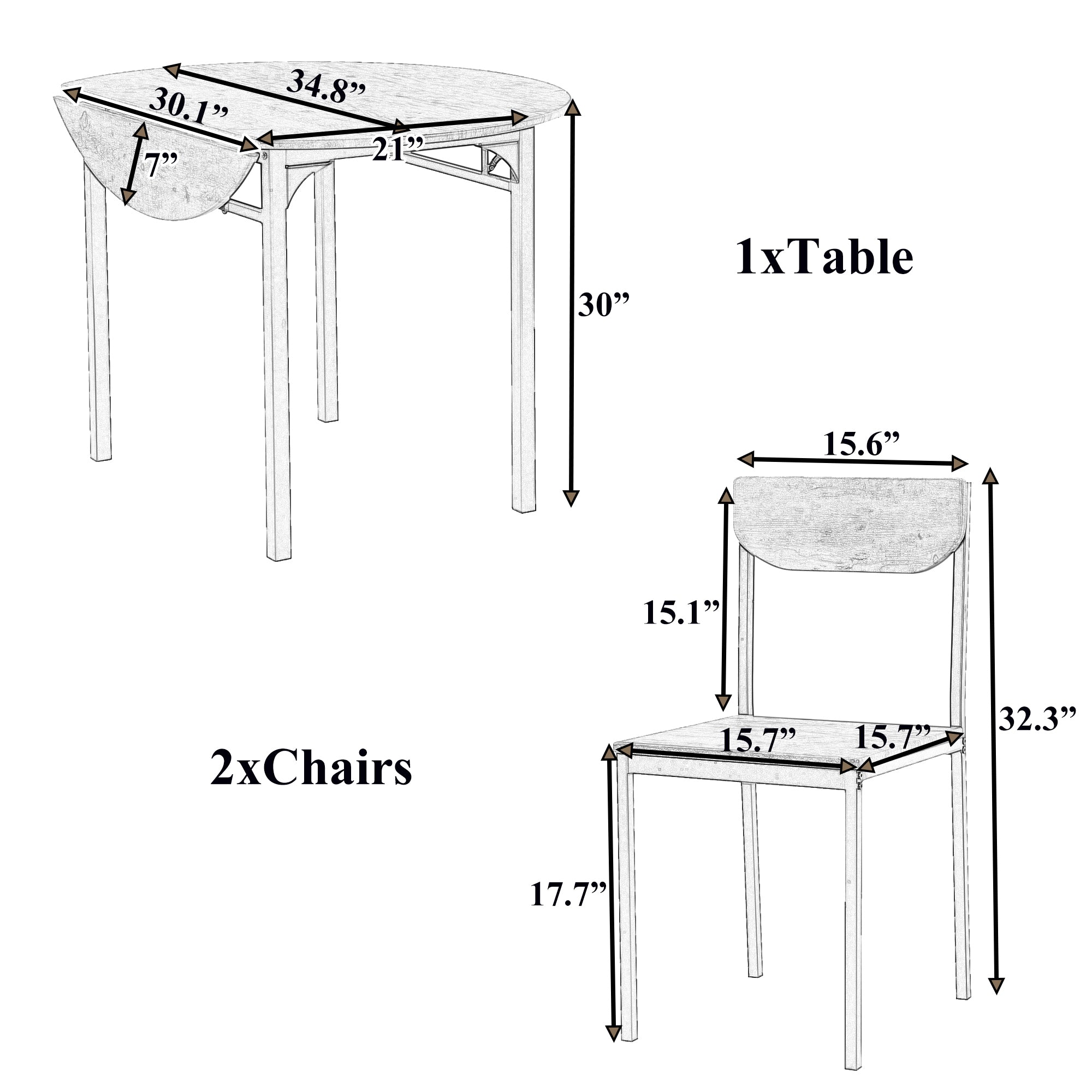 Modern 3-Piece Round Dining Table Set with Drop Leaf and 2 Chairs for