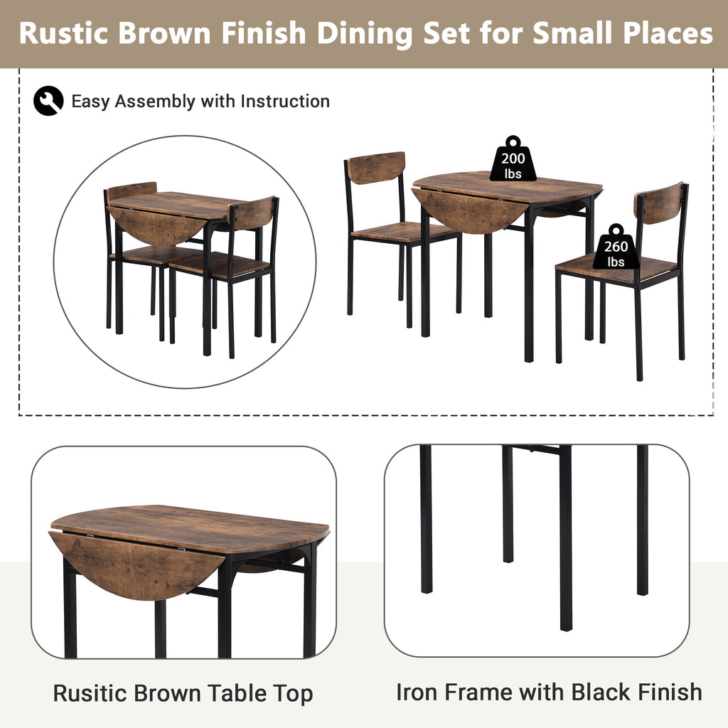 Modern 3-Piece Round Dining Table Set with Drop Leaf and 2 Chairs for