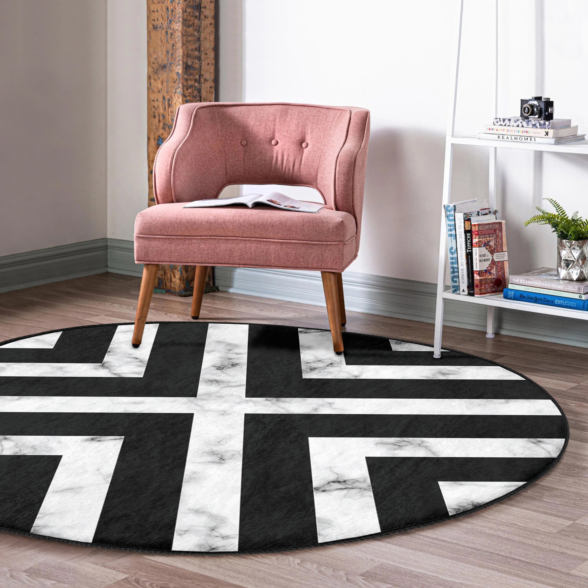 Modern Round Rug, Black and White Decorative Living Room Area Rug, Non