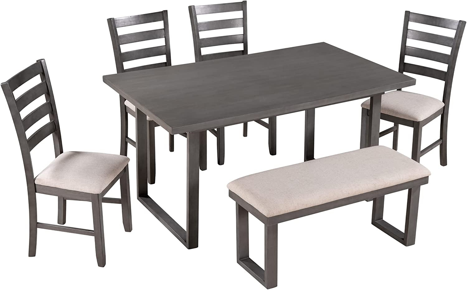 6 Piece Rustic Wood Dining Table Set With Bench And Chairs