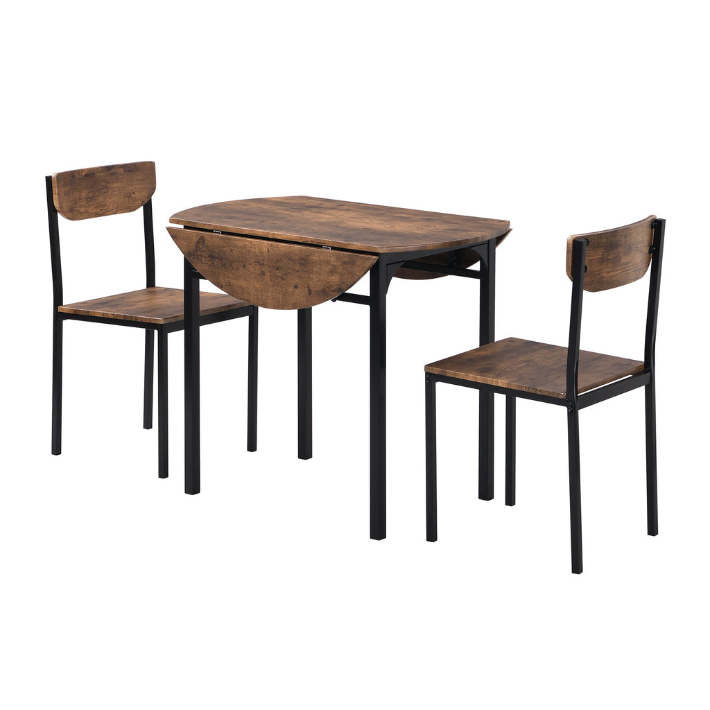 Modern 3-Piece Round Dining Table Set with Drop Leaf and 2 Chairs for