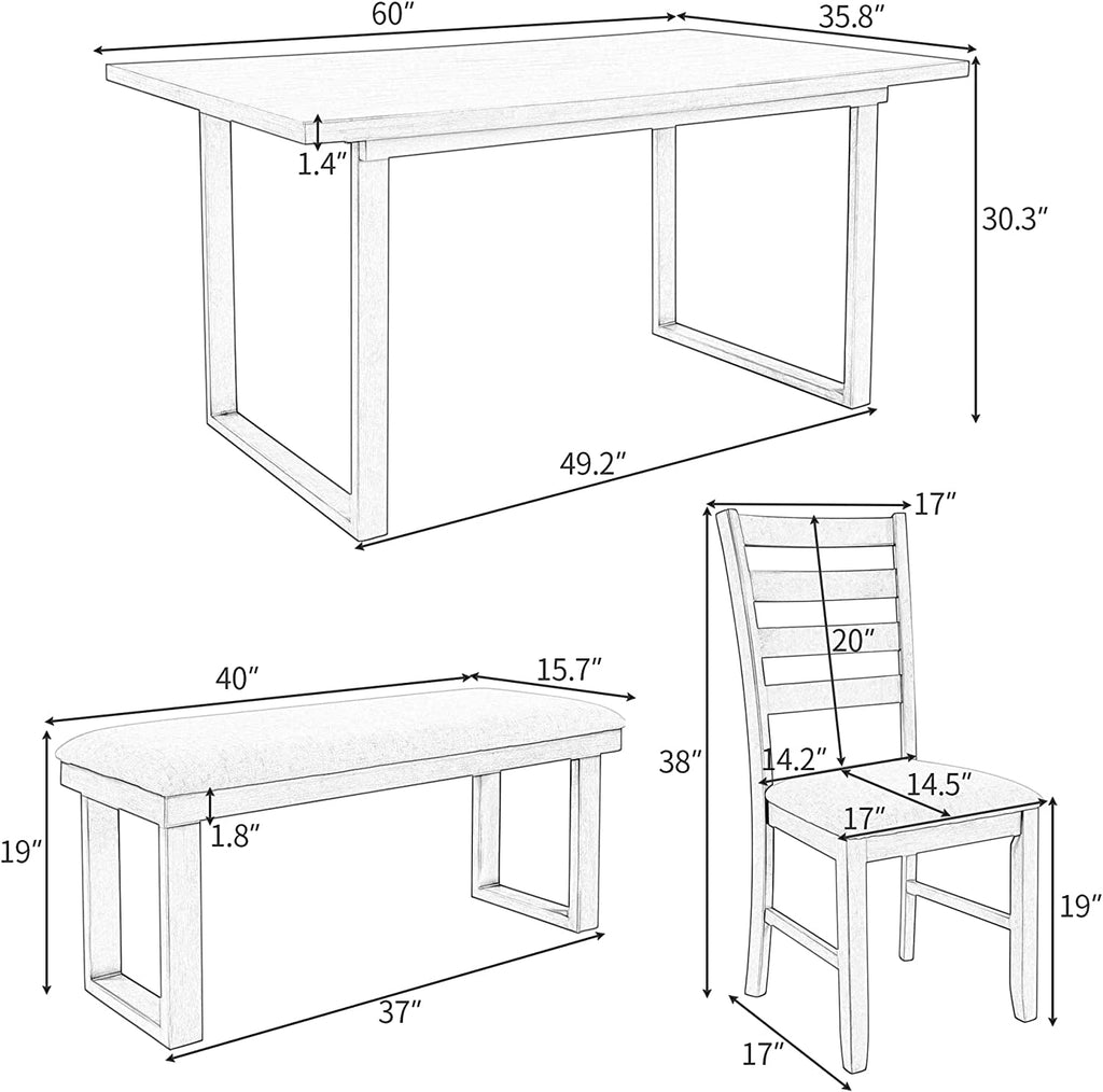 6 Piece Rustic Wood Dining Table Set With Bench And Chairs