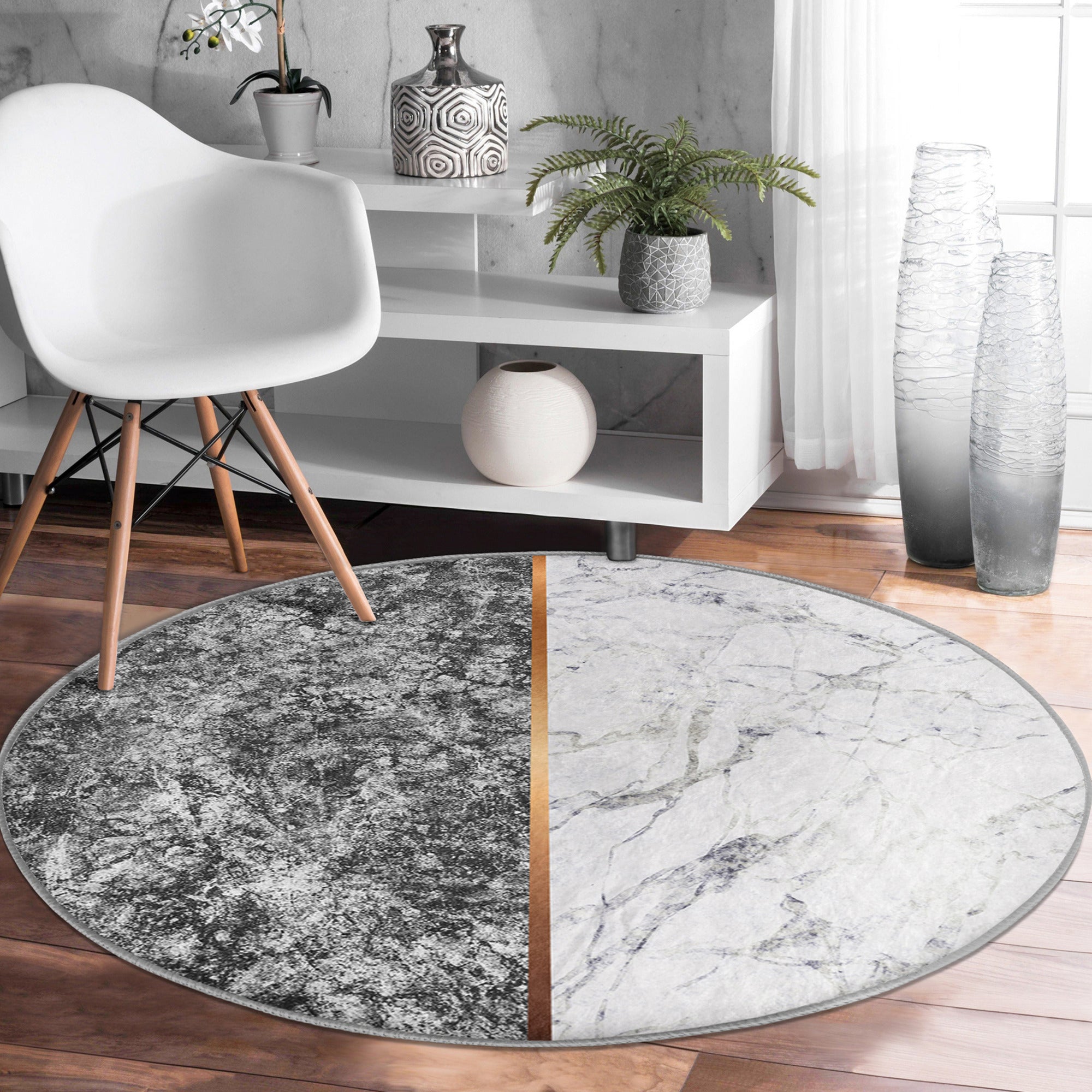 Marble Round Rug, White and Gray Circle Carpet, Anti Slip Round Rug,