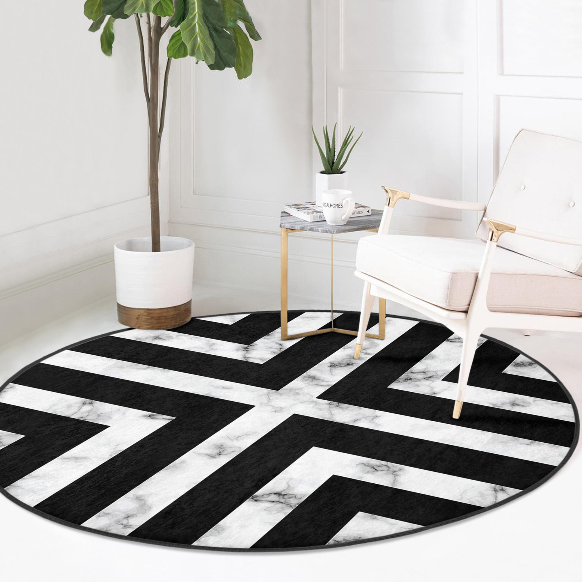 Modern Round Rug, Black and White Decorative Living Room Area Rug, Non