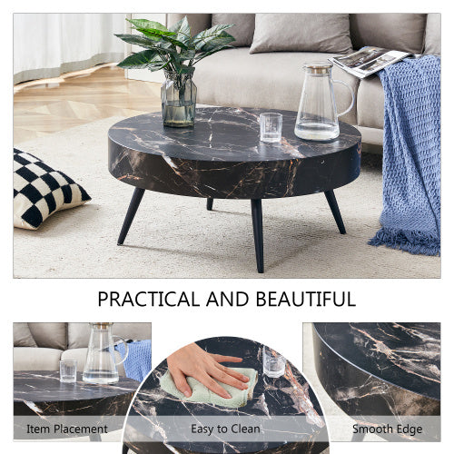 LuxeHome™ – 31.5" Black Marble Round Coffee Table with Adjustable