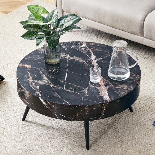 LuxeHome™ – 31.5" Black Marble Round Coffee Table with Adjustable