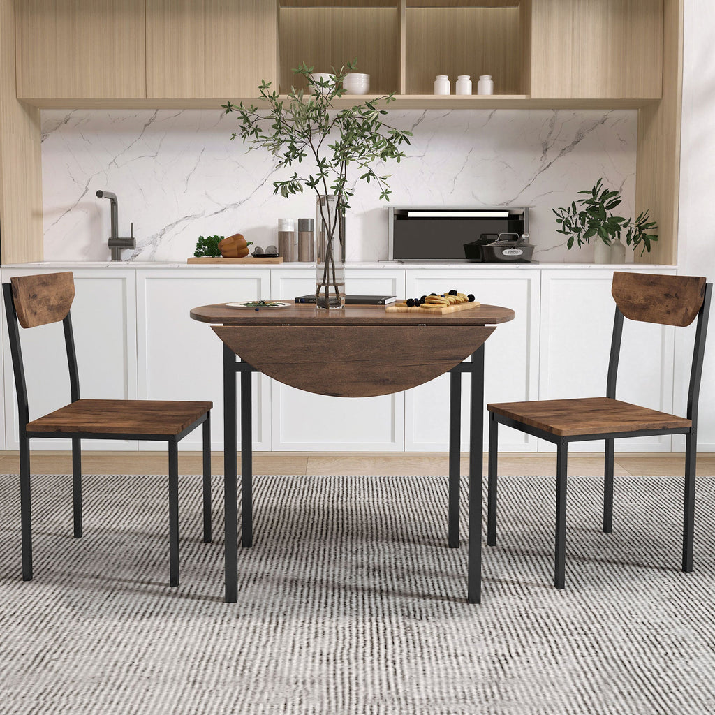 Modern 3-Piece Round Dining Table Set with Drop Leaf and 2 Chairs for