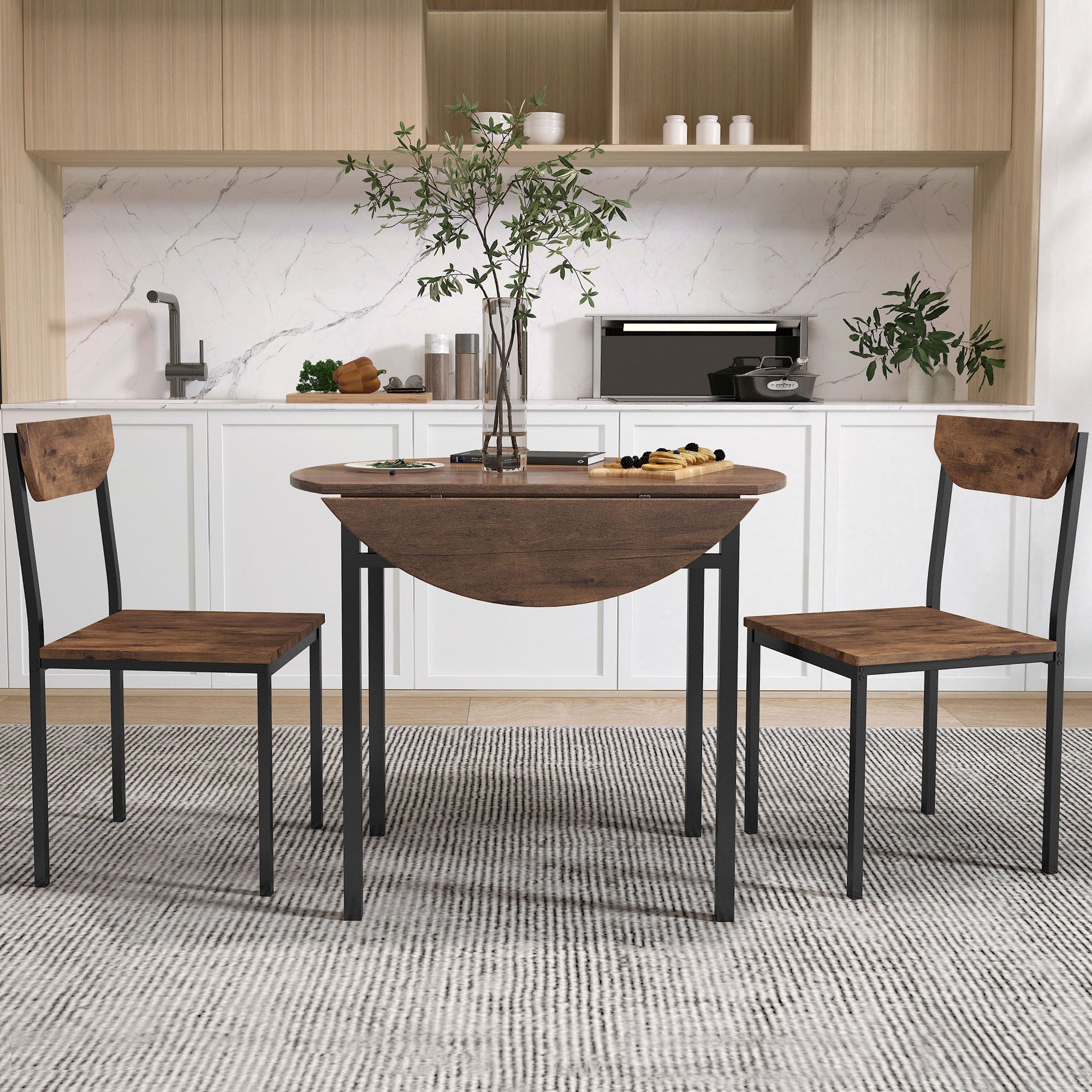 Modern 3-Piece Round Dining Table Set with Drop Leaf and 2 Chairs for