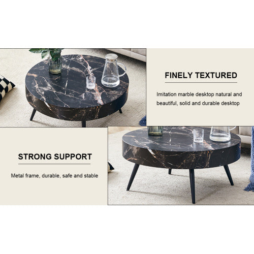 LuxeHome™ – 31.5" Black Marble Round Coffee Table with Adjustable