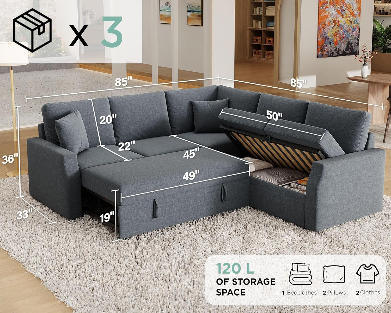 Grey L Shaped Sectional Sofa Bed 85 Inch With Storage