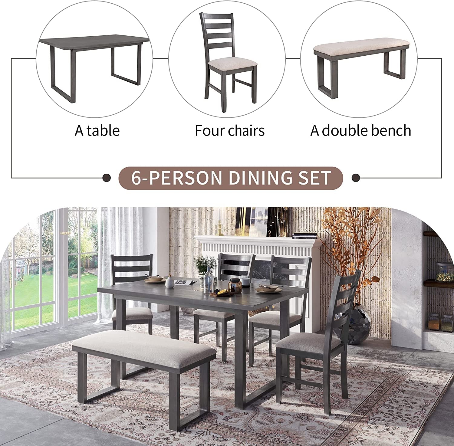6 Piece Rustic Wood Dining Table Set With Bench And Chairs