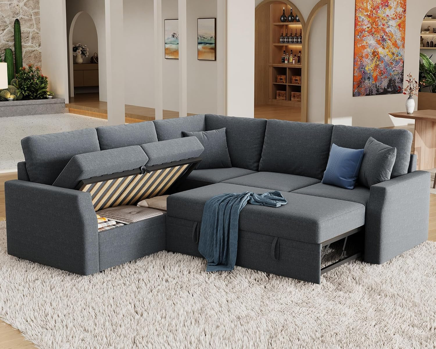 Grey L Shaped Sectional Sofa Bed 85 Inch With Storage