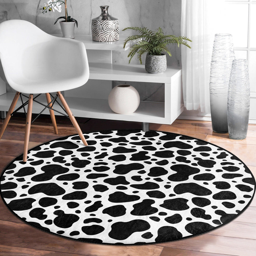 Dalmatian Patterned Round Rug, Black Points Area Rug, Living Room