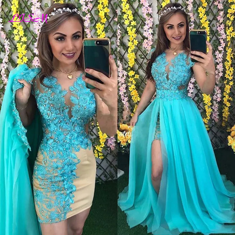 Elegant 2 Pieces Prom Dresses Lace Appliques Pearls Side Slit Evening Gowns Cap Sleeves Chiffon Formal Women Dress