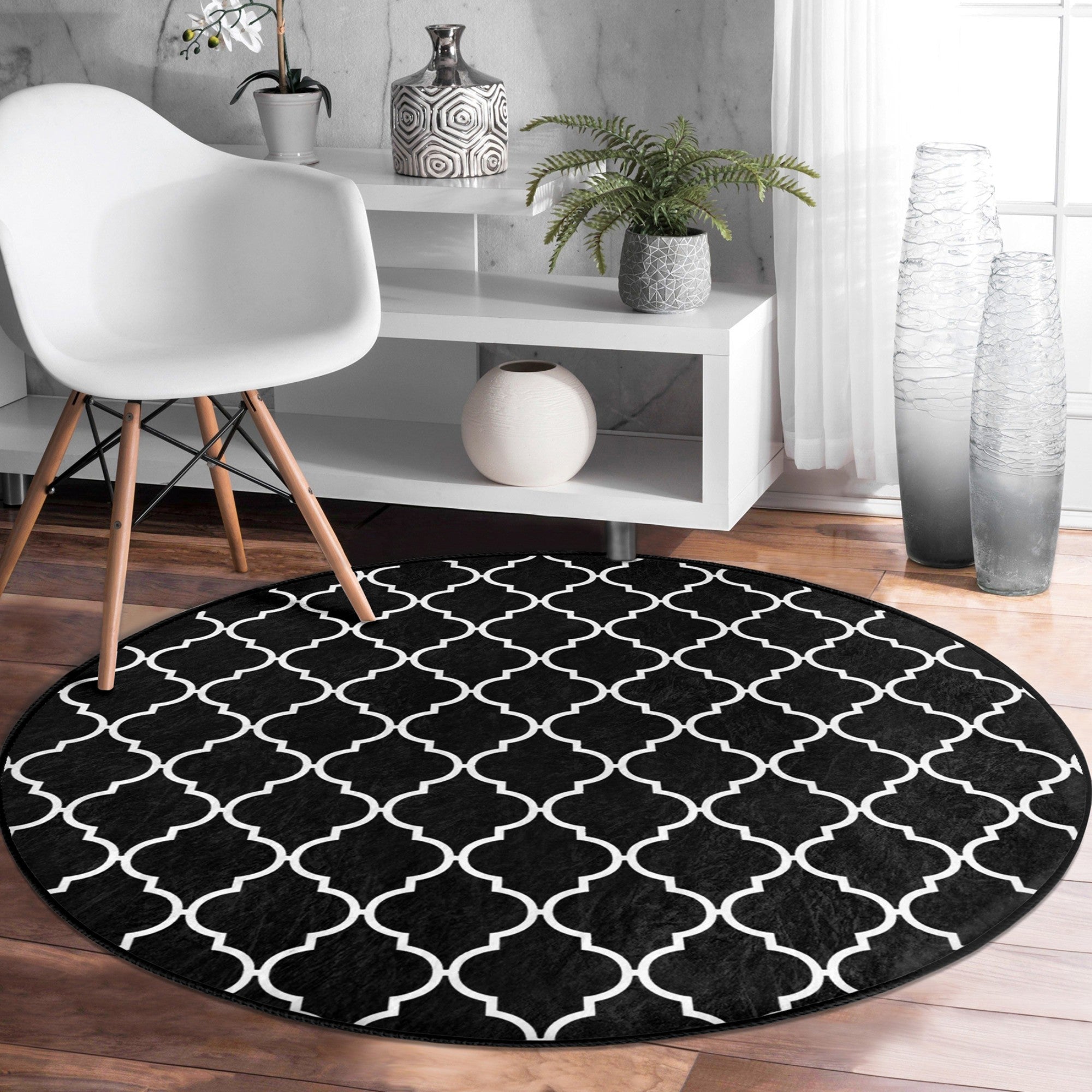 Luxury Living Room Decorative Black and White Washable Round Rug |