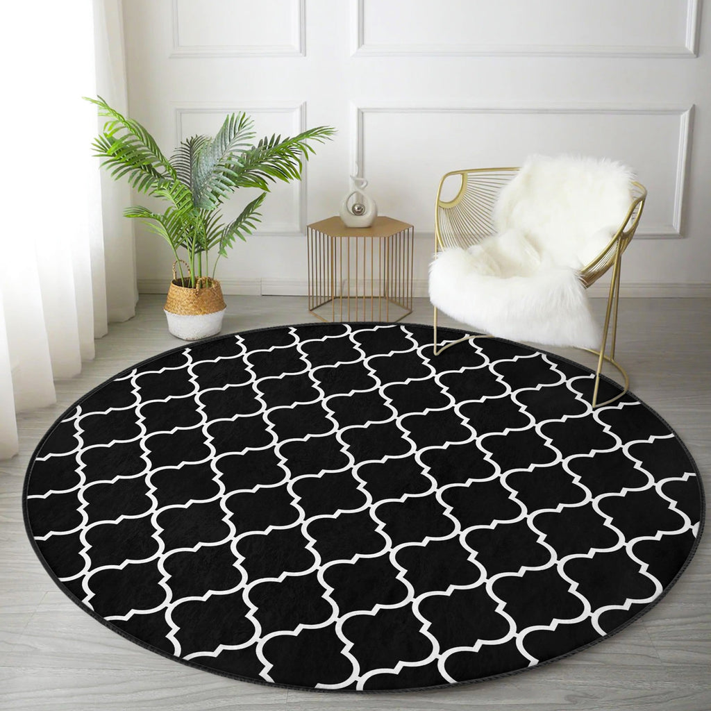 Luxury Living Room Decorative Black and White Washable Round Rug |