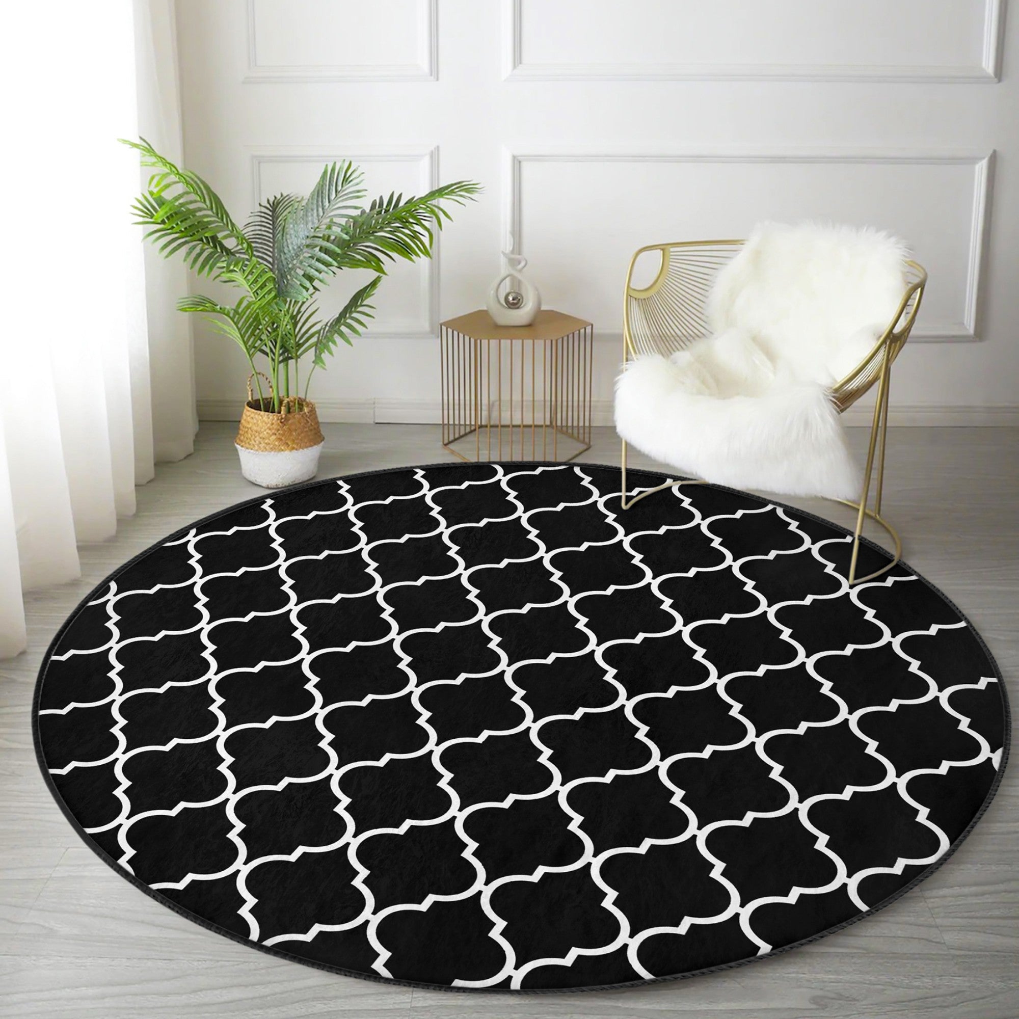 Luxury Living Room Decorative Black and White Washable Round Rug |