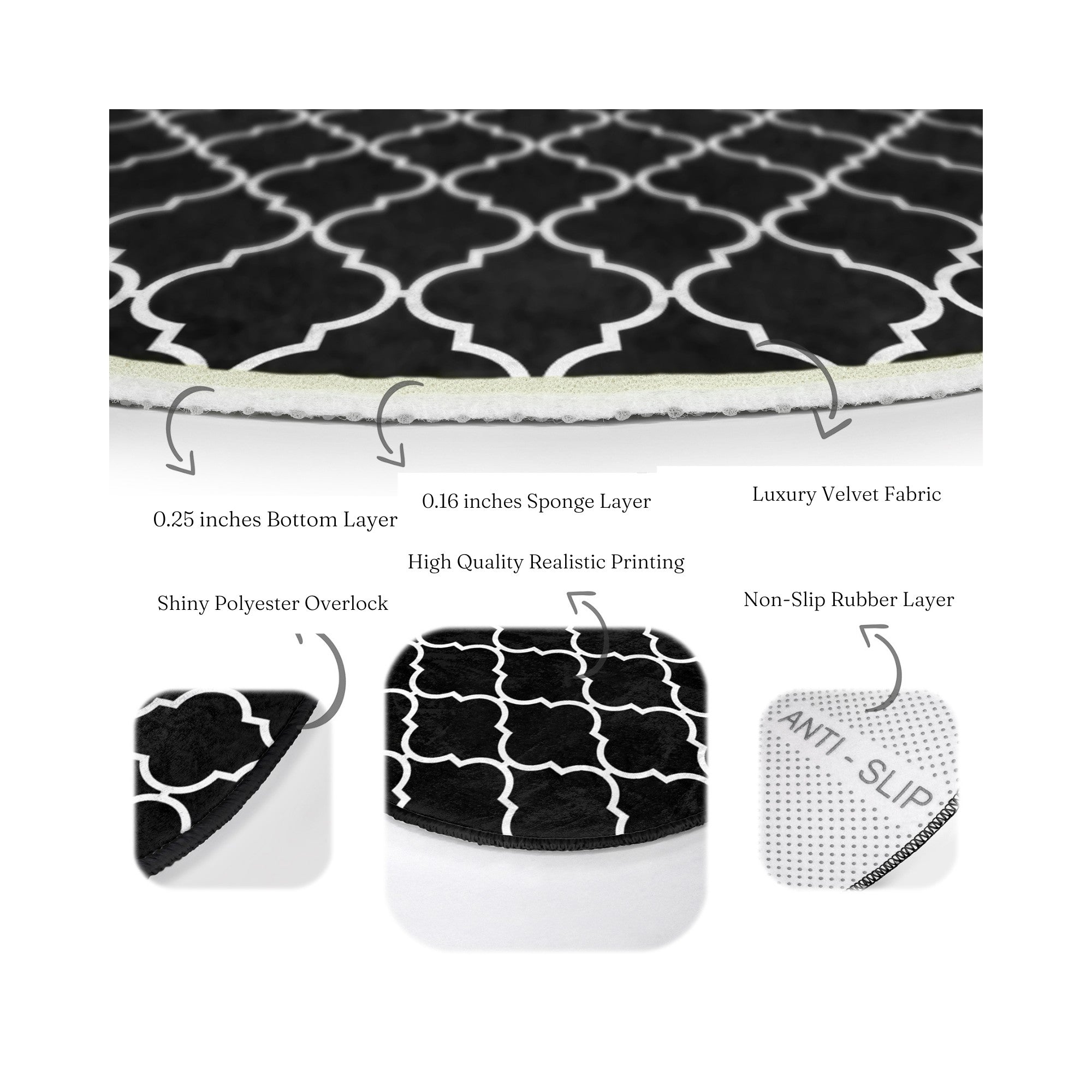 Luxury Living Room Decorative Black and White Washable Round Rug |