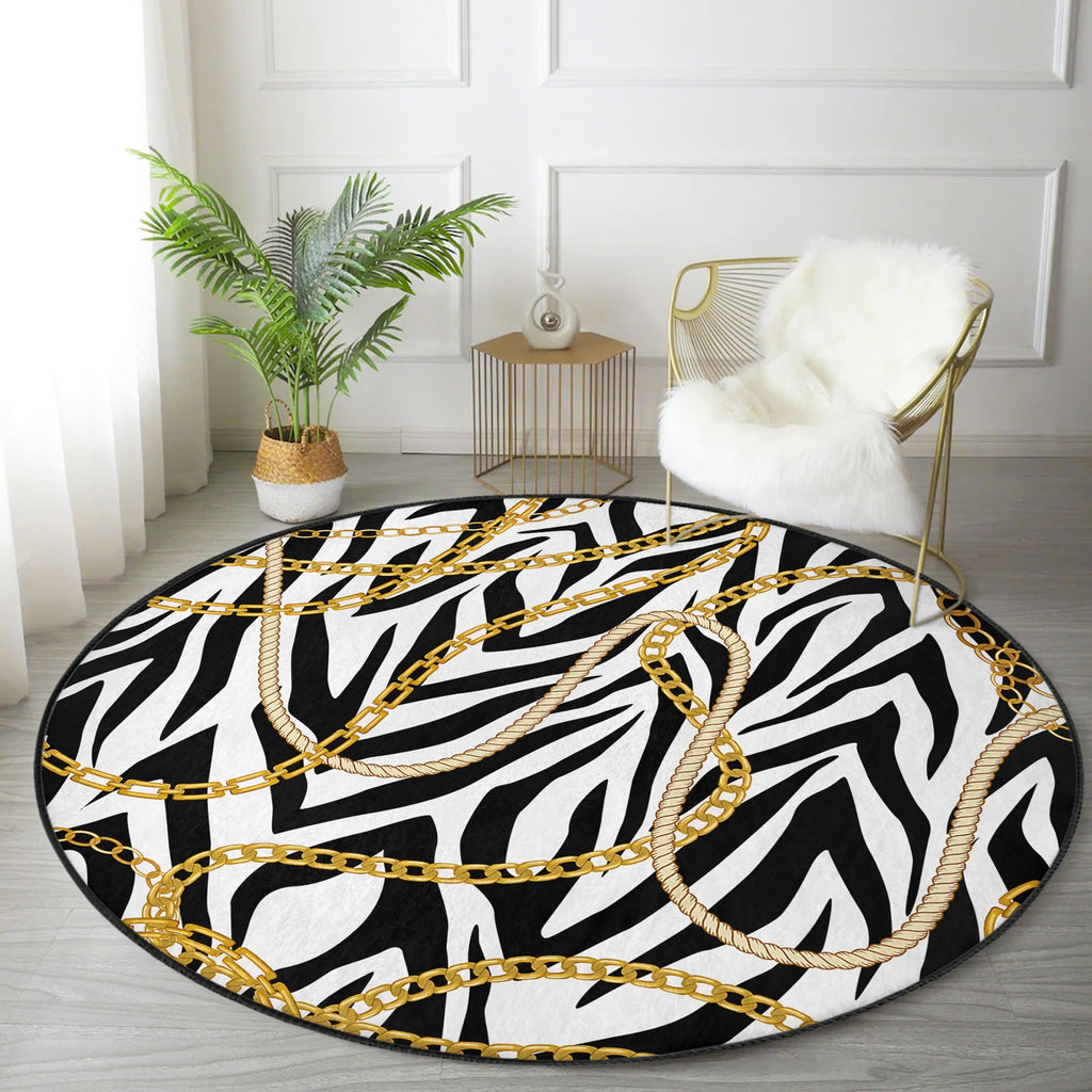 Gold Chain Pattern Luxury Living Room Decorative Washable Round Rug |