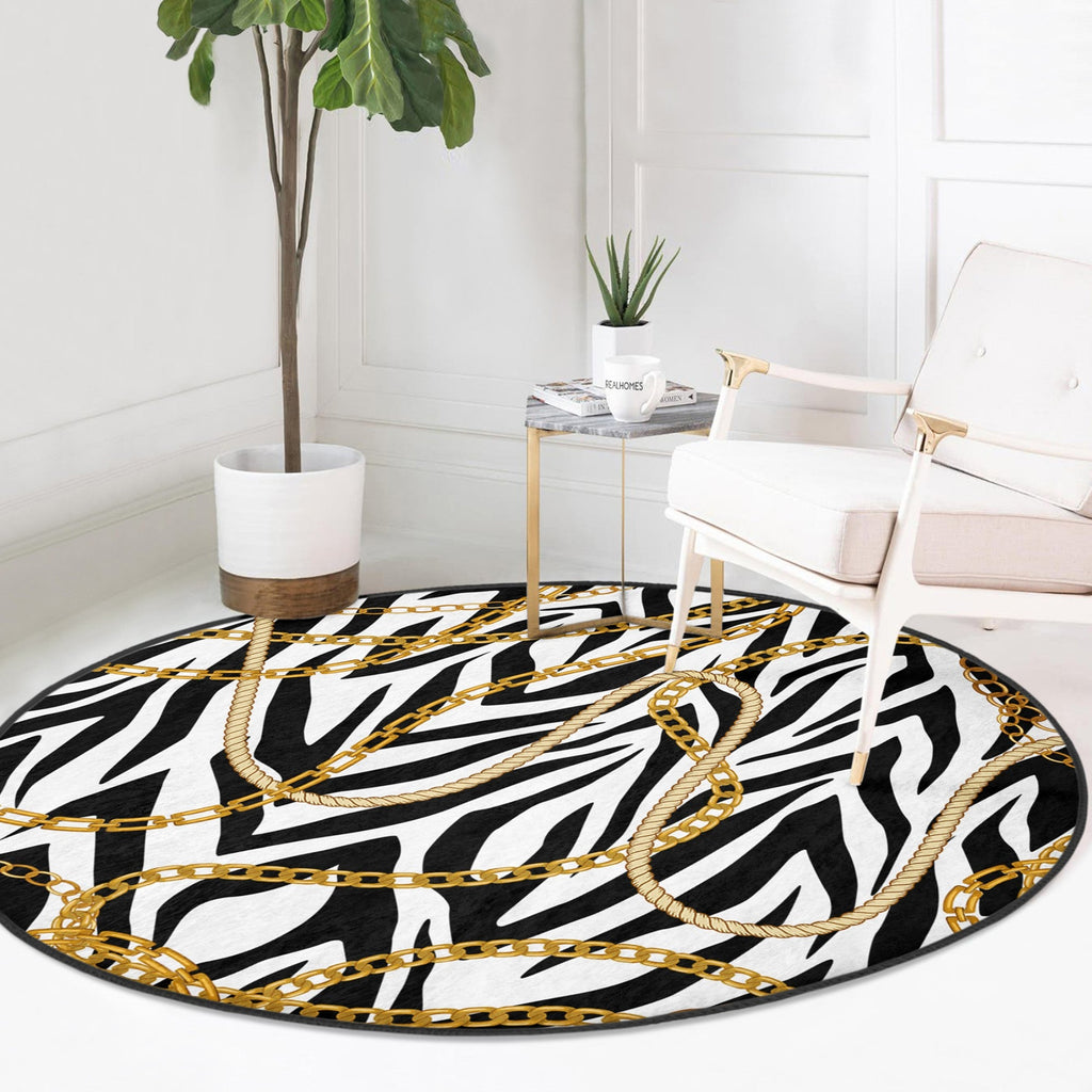 Gold Chain Pattern Luxury Living Room Decorative Washable Round Rug |