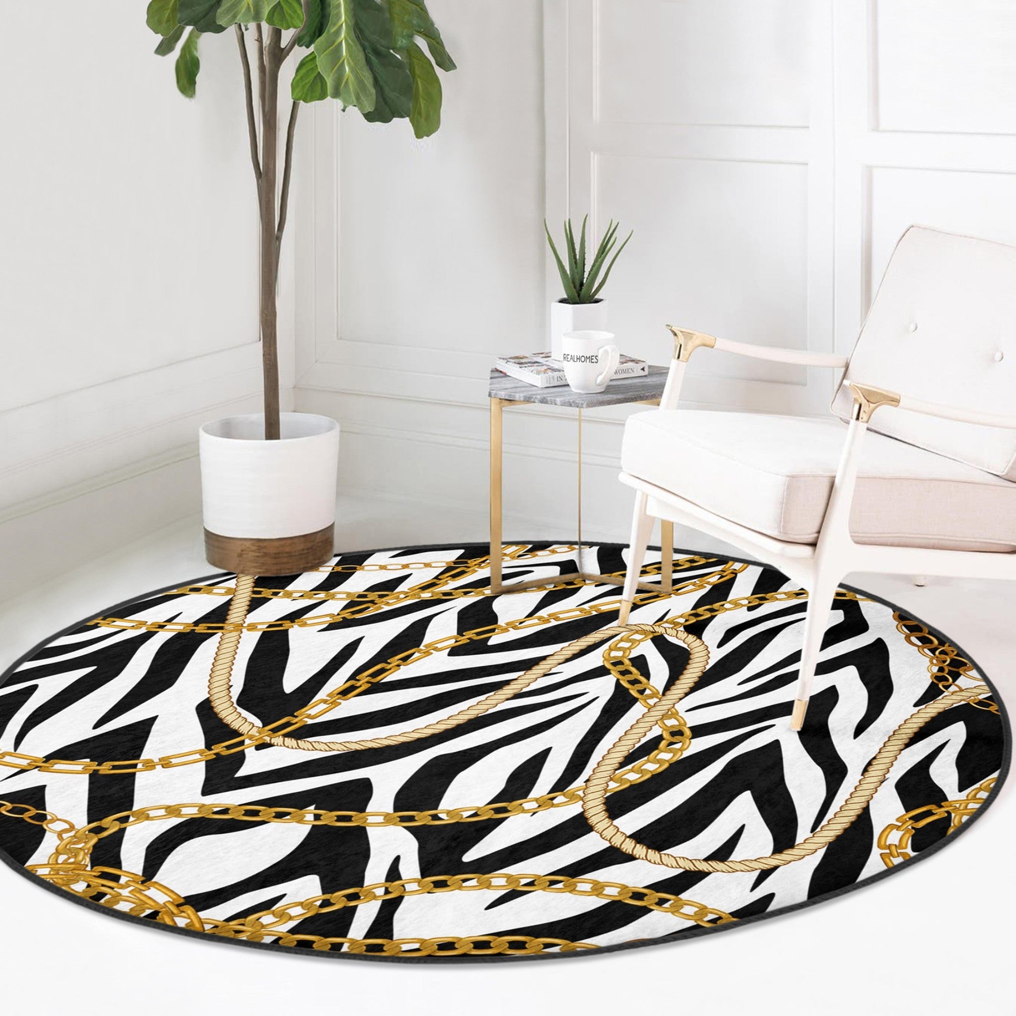 Gold Chain Pattern Luxury Living Room Decorative Washable Round Rug |