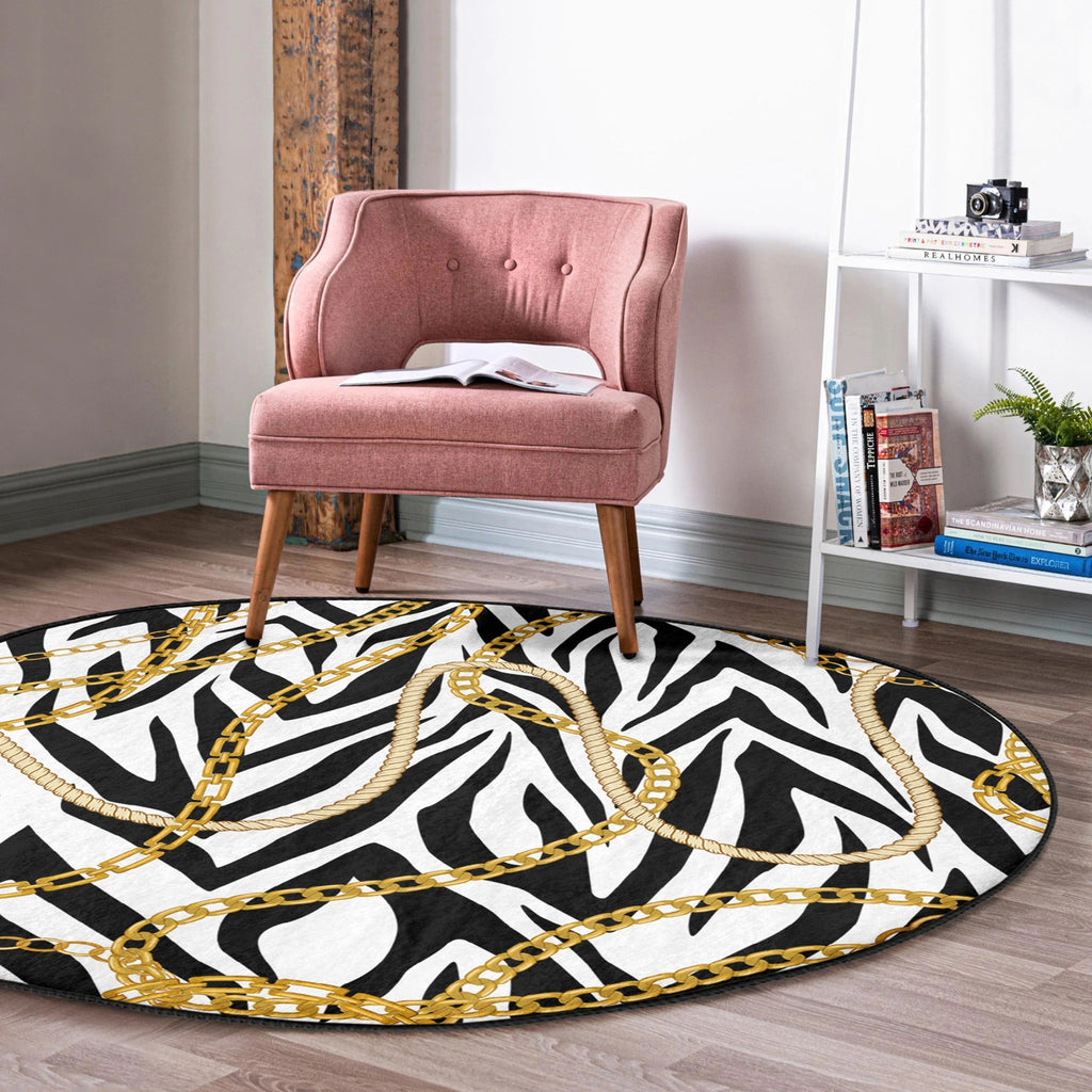 Gold Chain Pattern Luxury Living Room Decorative Washable Round Rug |