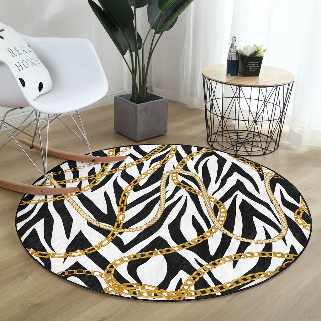 Gold Chain Pattern Luxury Living Room Decorative Washable Round Rug |