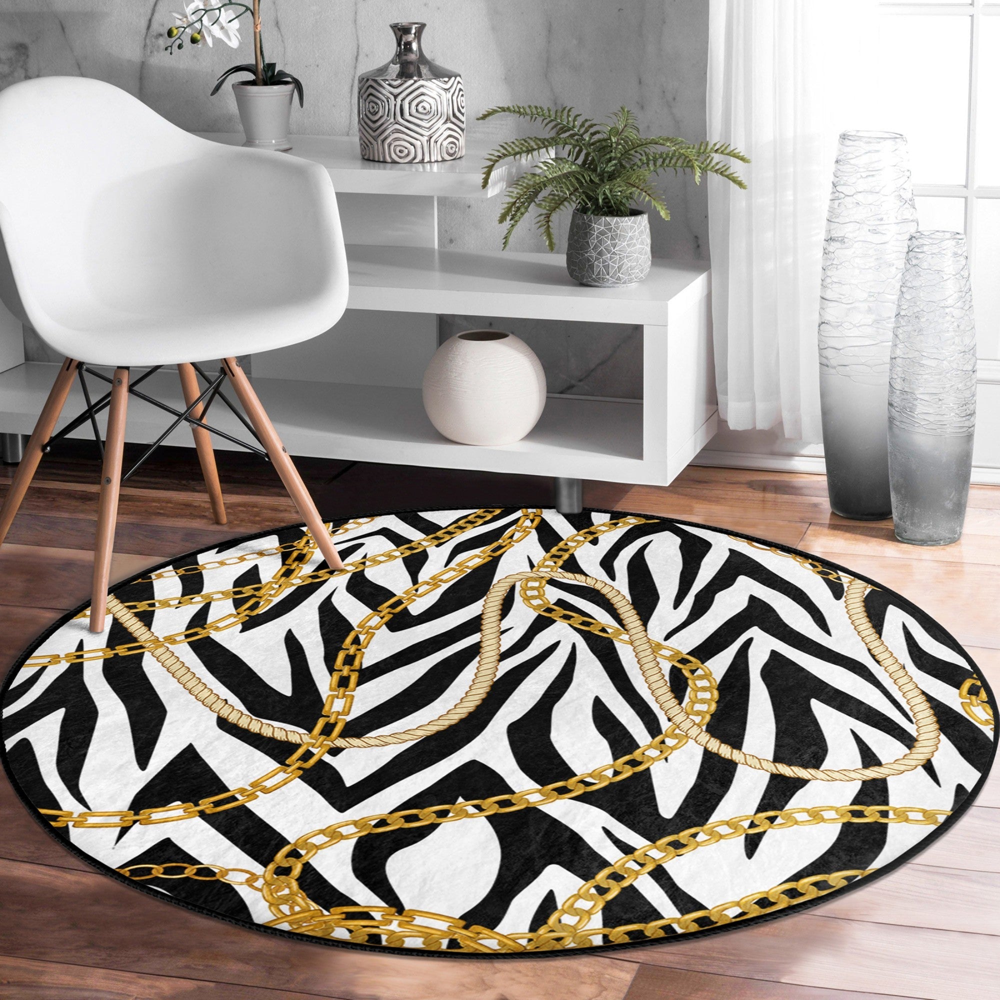 Gold Chain Pattern Luxury Living Room Decorative Washable Round Rug |