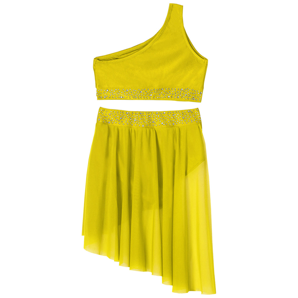 Teen Girls Modern Lyrical Dance Performance Outfit One Shoulder Crop Top with Leotard Skirt for Jazz Skating Ballet Gymnastics