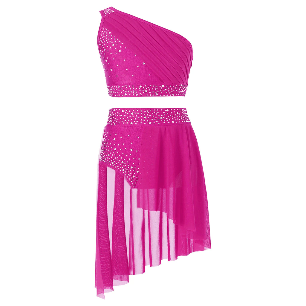 Teen Girls Modern Lyrical Dance Performance Outfit One Shoulder Crop Top with Leotard Skirt for Jazz Skating Ballet Gymnastics