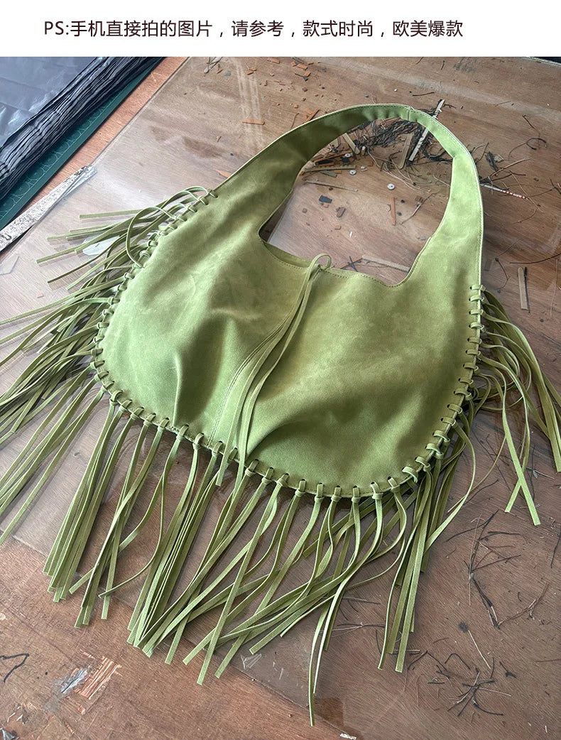 Tassel Crossbody Bag For Women Large Capacity Shoulder Bags Commuter Suede Travel Handbags Solid Color Purse Handbags