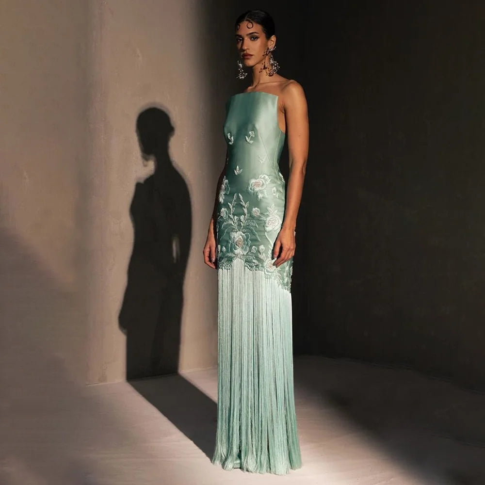 Elegant Exquisite Prom Dress For Women Strapless Sleeveless Lady Long Embroidery Evening Gown With Tassles Robes De Soirée