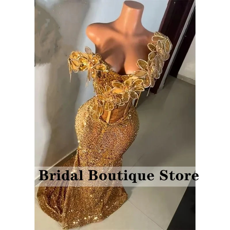 Black Prom Dresses 2026Luxury Bead Rhinestones 3D Flowers Off Shoulder African Wedding Party Birthday Evening Gown Customized