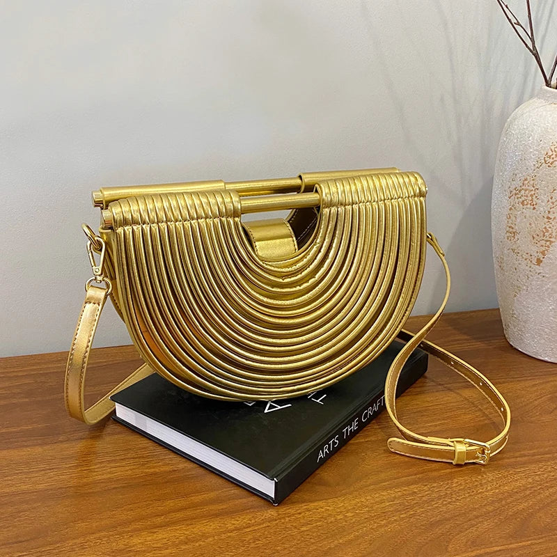 Handbags for Women. New Gold Luxury Designer Brand Handwoven Noodle Bags Rope Knotted Pulled Half Moon Silver Evening Clutch