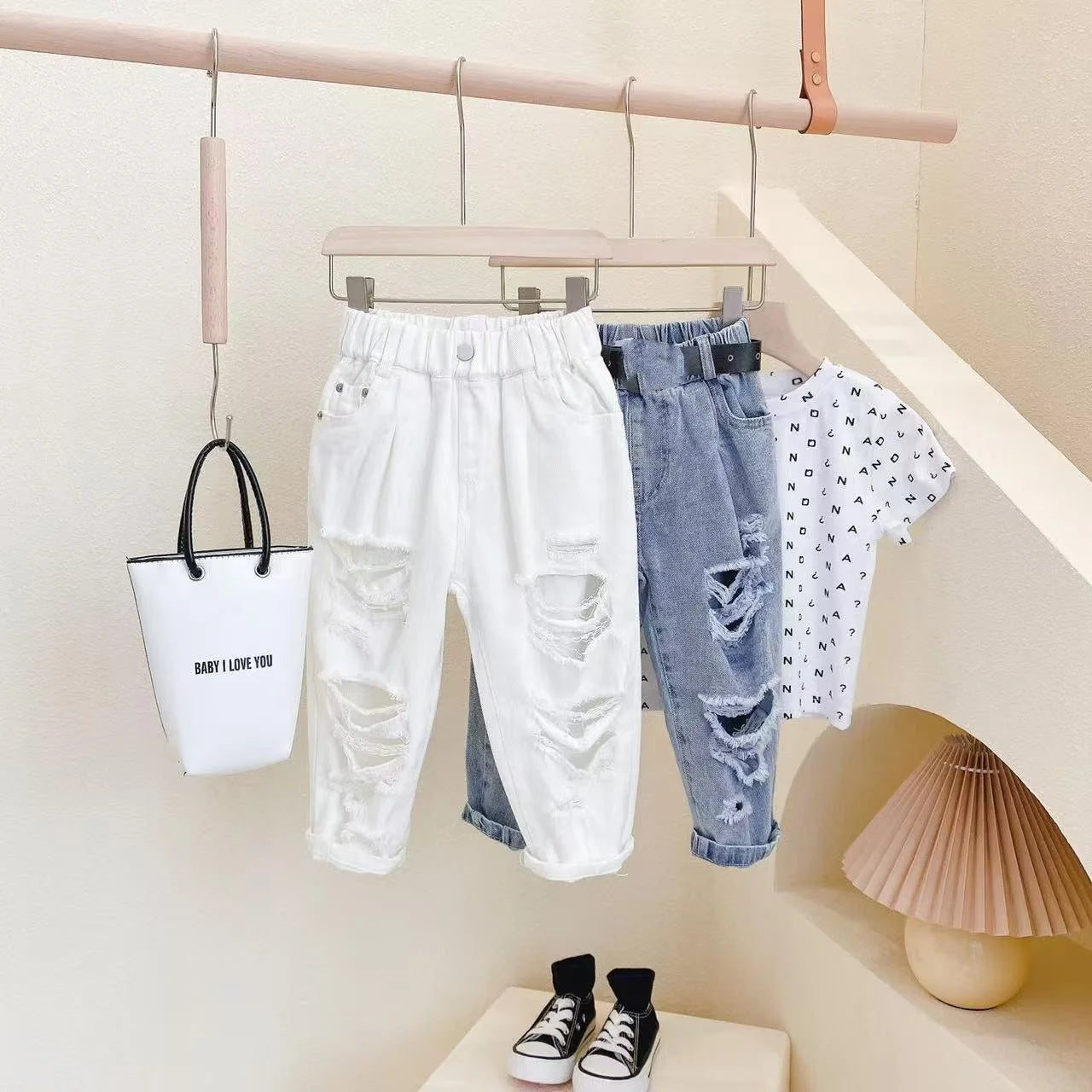 Children's Clothing Spring and Summer New Styles for Boys and Girls Washed Ripped Jeans Children's Cropped Pants Trend 1-12Y