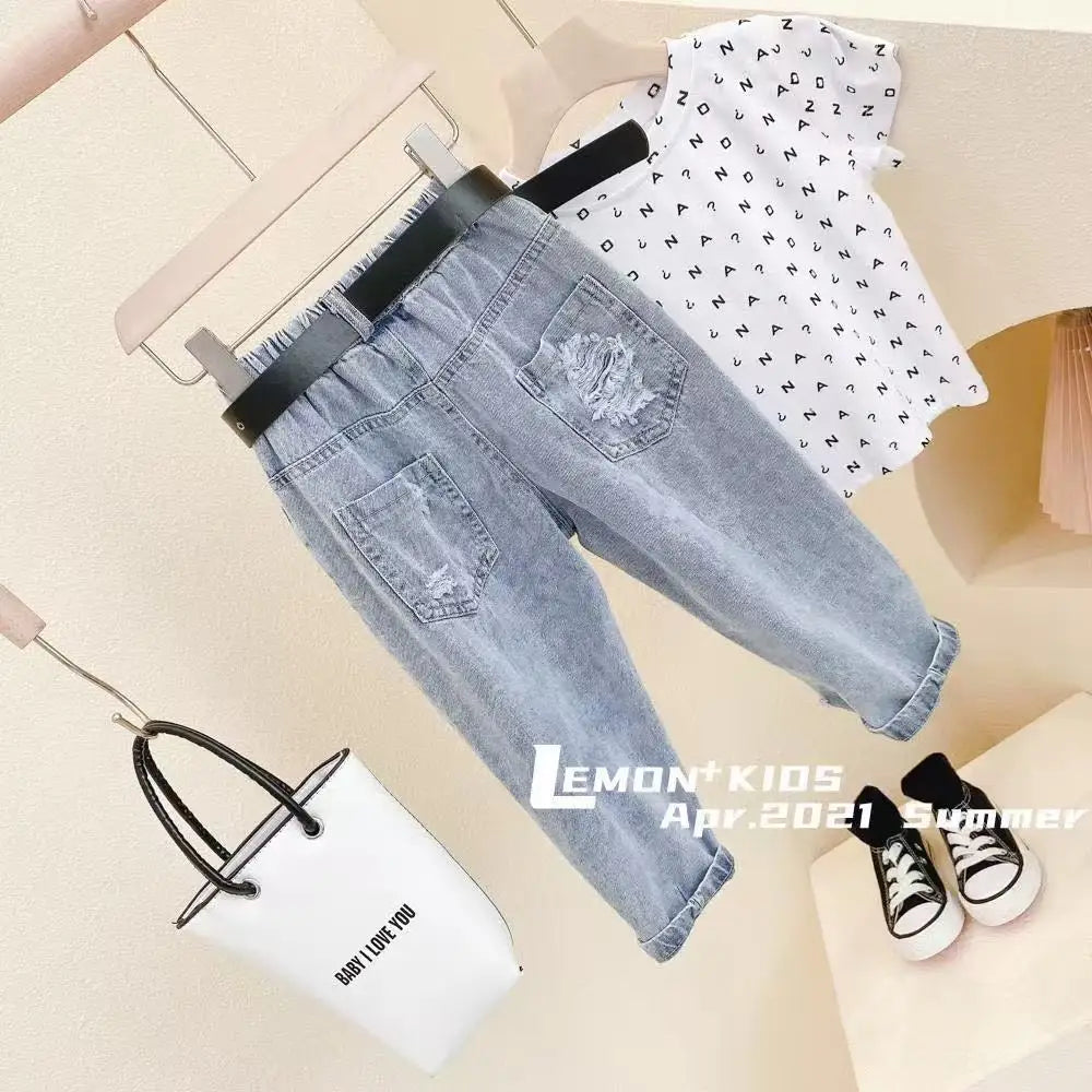 Children's Clothing Spring and Summer New Styles for Boys and Girls Washed Ripped Jeans Children's Cropped Pants Trend 1-12Y