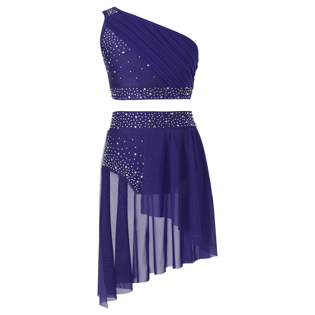 Teen Girls Modern Lyrical Dance Performance Outfit One Shoulder Crop Top with Leotard Skirt for Jazz Skating Ballet Gymnastics