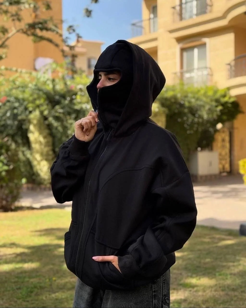 Balaclava Fashion Personality Hoodie Men Soild Color Double Layer Hooded Pullover Sweatshirt Y2k Retro Hip Hop Winter Streetwear