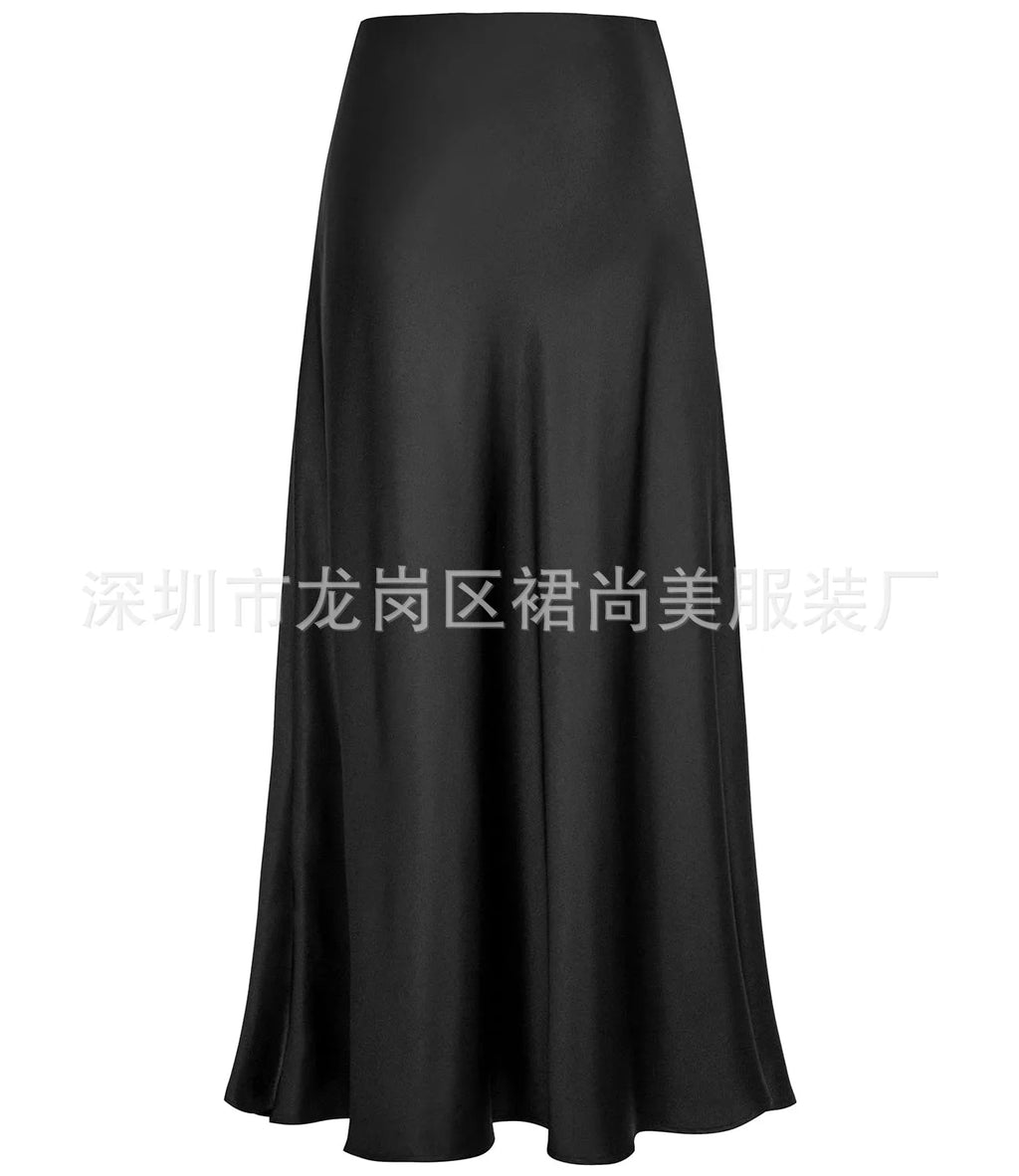 Elegant Faux Silk Satin Skirts for Women High Waist A-line Office Lady  Solid Color Glossy Finish Fishtail Skirt