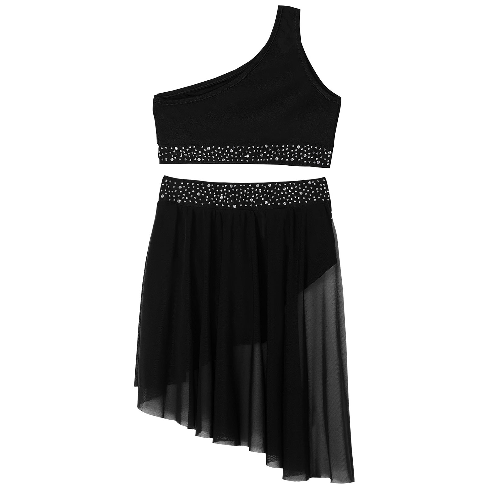 Teen Girls Modern Lyrical Dance Performance Outfit One Shoulder Crop Top with Leotard Skirt for Jazz Skating Ballet Gymnastics