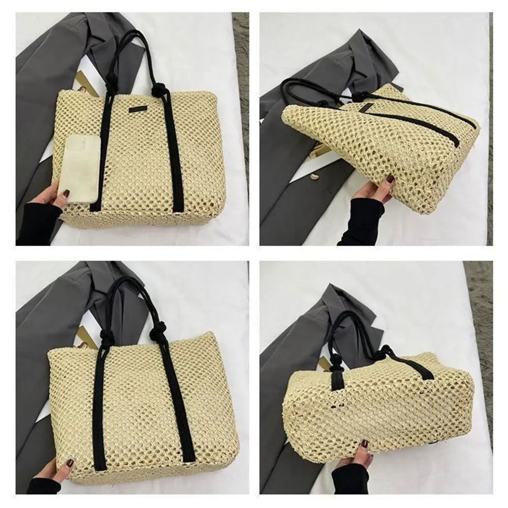Handmade Straw Woven Bags Large Capacity Zipper Closure Beach Handbags Top-Handle Solid Color Women's Shoulder Bags