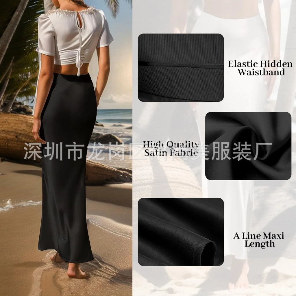 Elegant Faux Silk Satin Skirts for Women High Waist A-line Office Lady  Solid Color Glossy Finish Fishtail Skirt