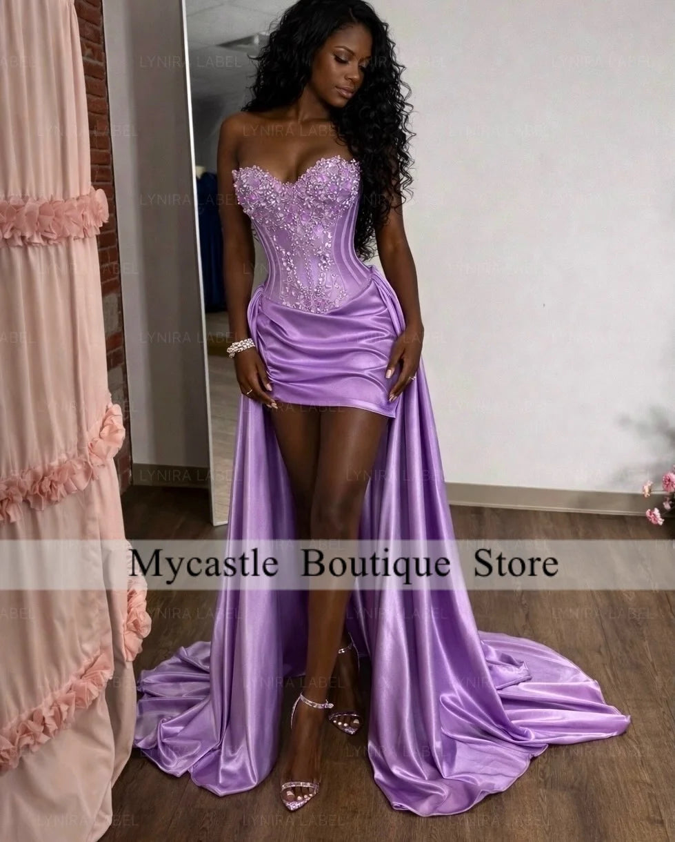 Gorgeous Lavender Purple 3D Floral Prom Dresses Corset Satin Overlay Mermaid Long Train Formal Gala Gown For Women Customized