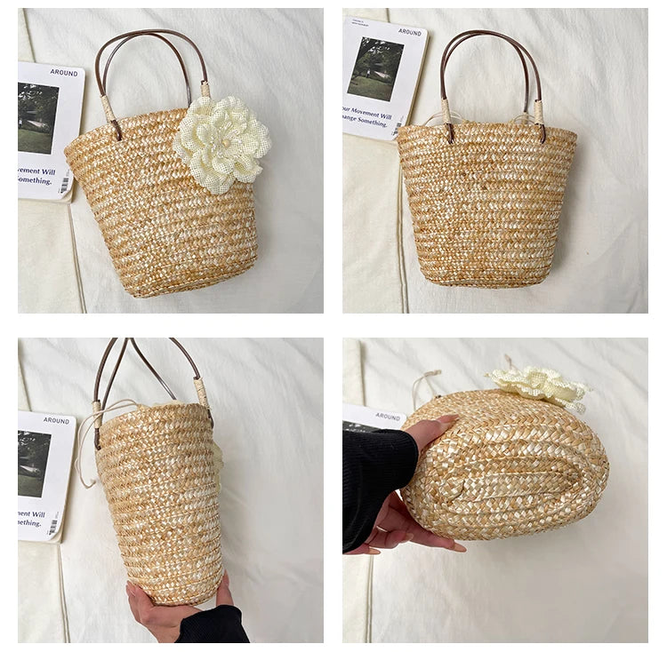 Simple Design Straw Handbags For Women Handmade Telescopic design   Comfortable handbag Summer fashion Pack Bucket Bag