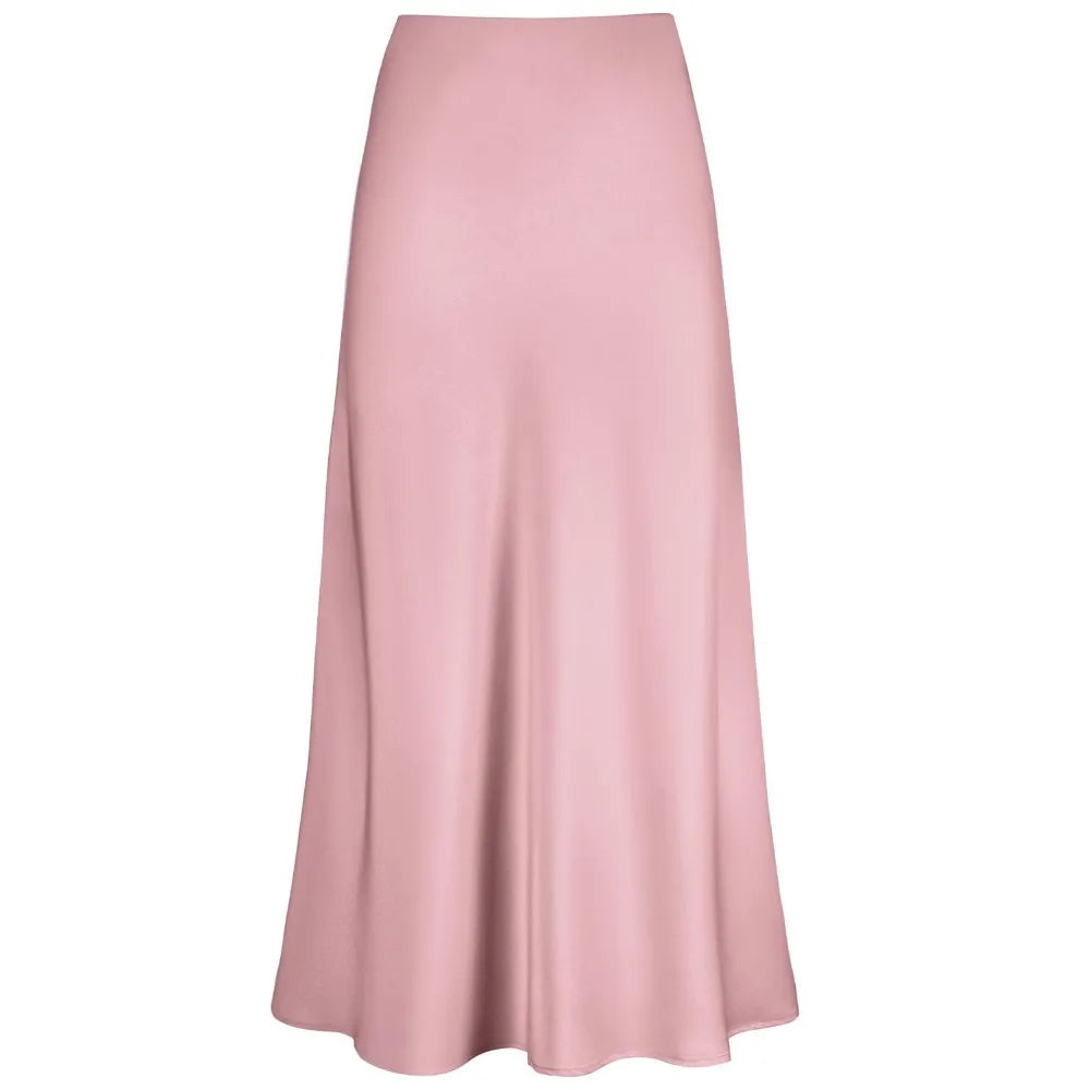 Elegant Faux Silk Satin Skirts for Women High Waist A-line Office Lady  Solid Color Glossy Finish Fishtail Skirt
